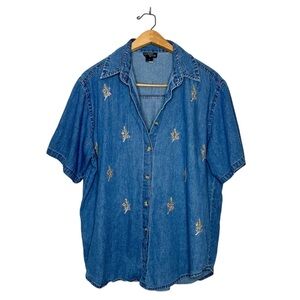 Vintage Outback Rider Womens Floral Embroidered Short Sleeve Denim Shirt‎ XL